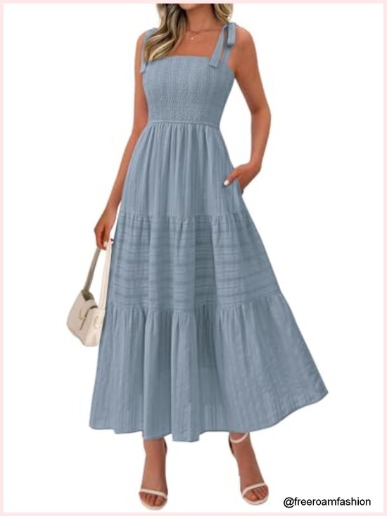 Dresses & Skirts - Smocked Boho Maxi Dress Tie Shoulder Sleeveless A-Line Beach Sundress